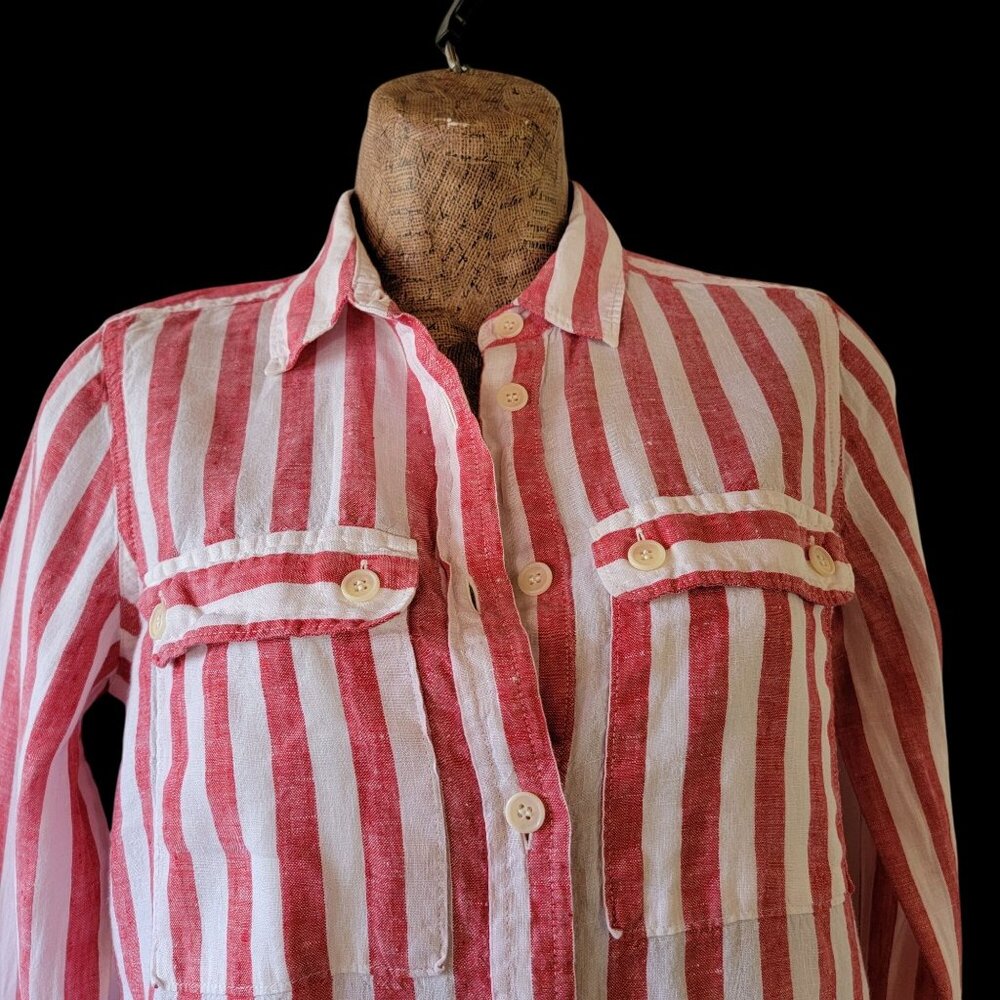 J Crew Linen Red & White Striped Button-Up Long Sleeve Shirt With Chest Pockets - Picture 3 of 11